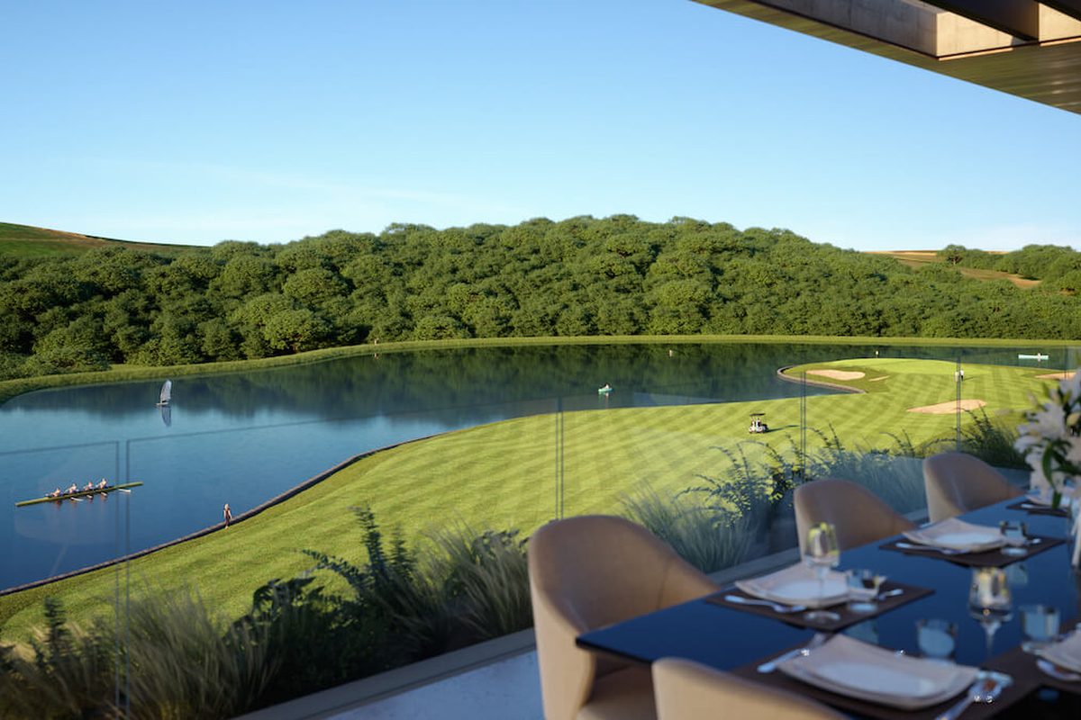 The lake and green at Zimbali Lakes seen from the clubhouse terrace